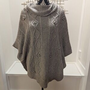 Talbots Gray Cable Knit Cowl Neck Poncho Sweater Women's M Wool Blend Lagenlook‎